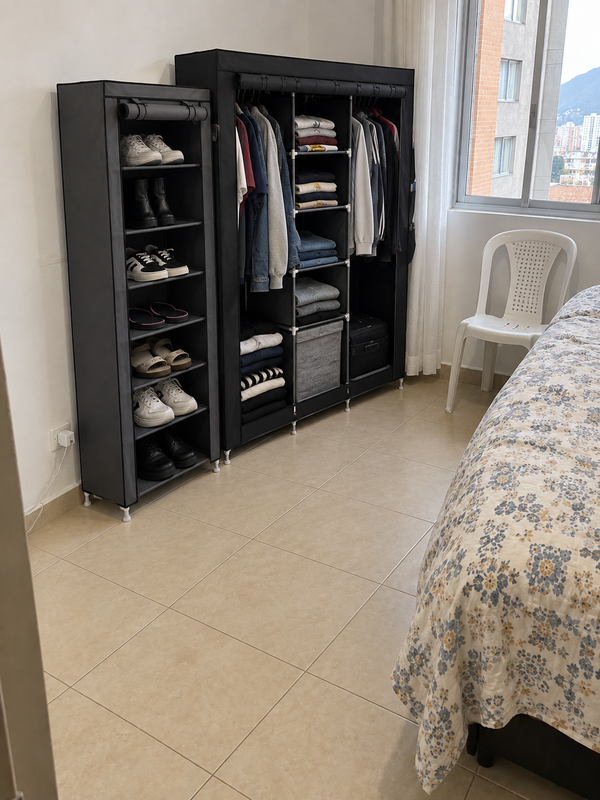 El mismo cuarto organizado con ARMARIO + ZAPATERO